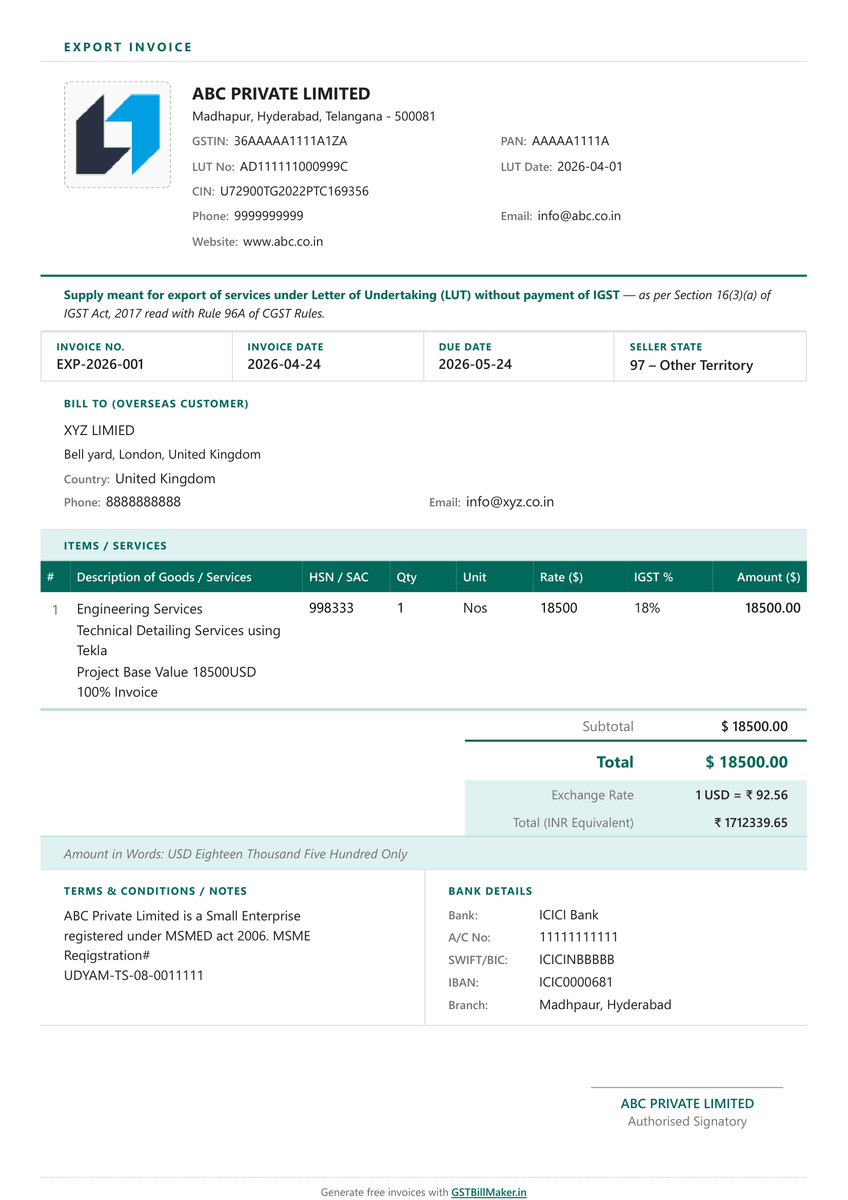 Export Invoice (LUT) sample