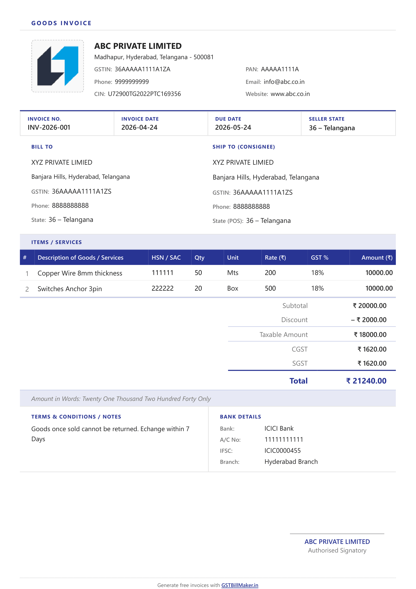 Goods Invoice sample (Bill To + Ship To)
